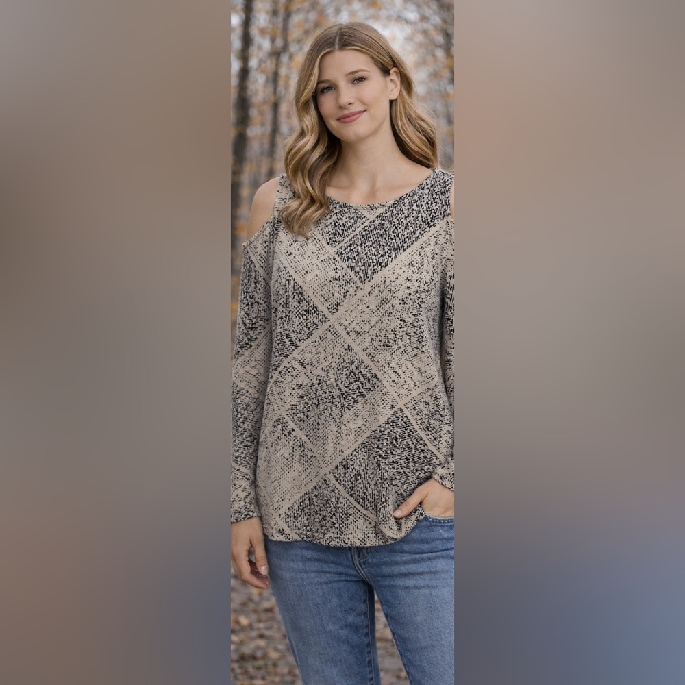 Juicy Couture Abstract Print Cold Shoulder Long Sleeve Top Beige Black Size‎ L